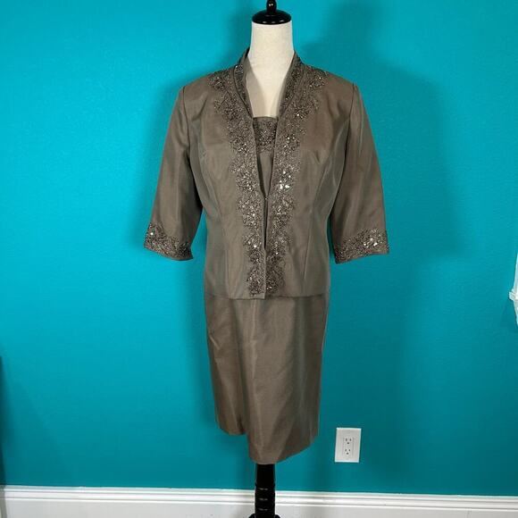 Alex Evenings Brown Beaded Midi & Jacket 2 Piece Dress Wedding Size  10P - Picture 1 of 8